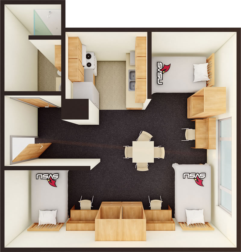 Living Center triple 3d floor plan in color